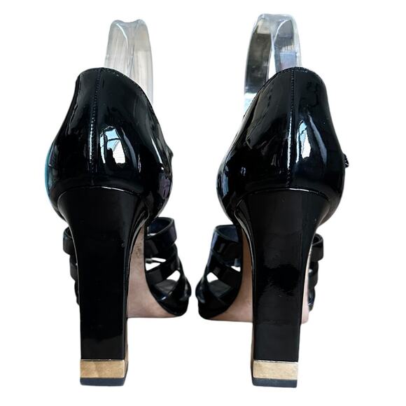 Chanel Black Patent Leather Gold Chain Block Heel Open Toe Sandals 38.5 - Picture 4 of 12